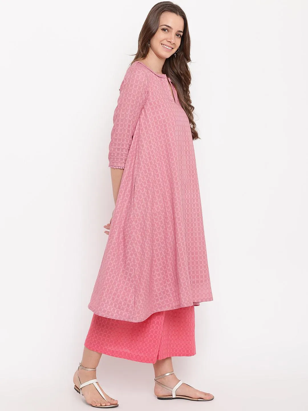 Pink Grid Dobby Kurta-Contrast Palazzo | Relove