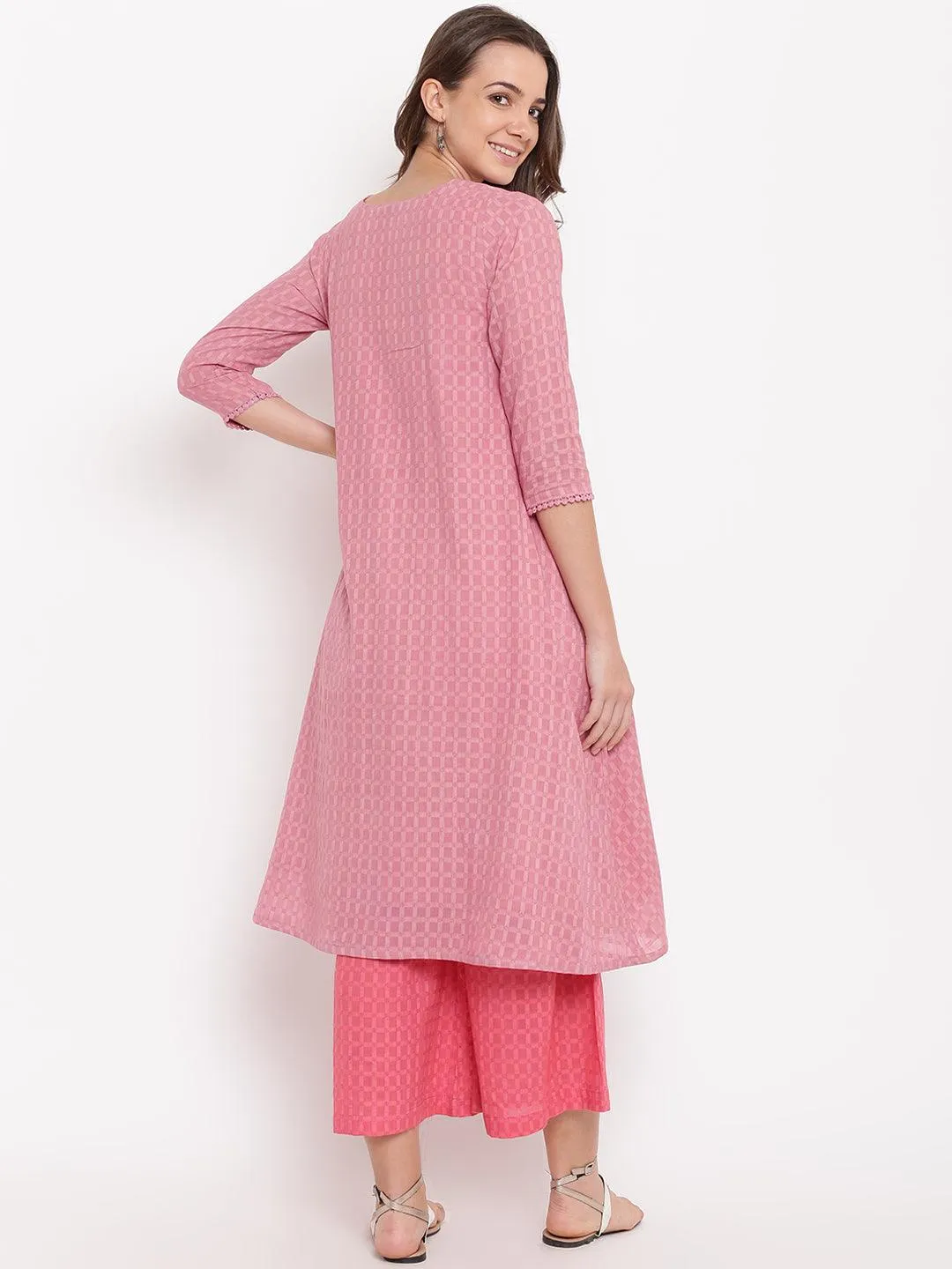 Pink Grid Dobby Kurta-Contrast Palazzo | Relove