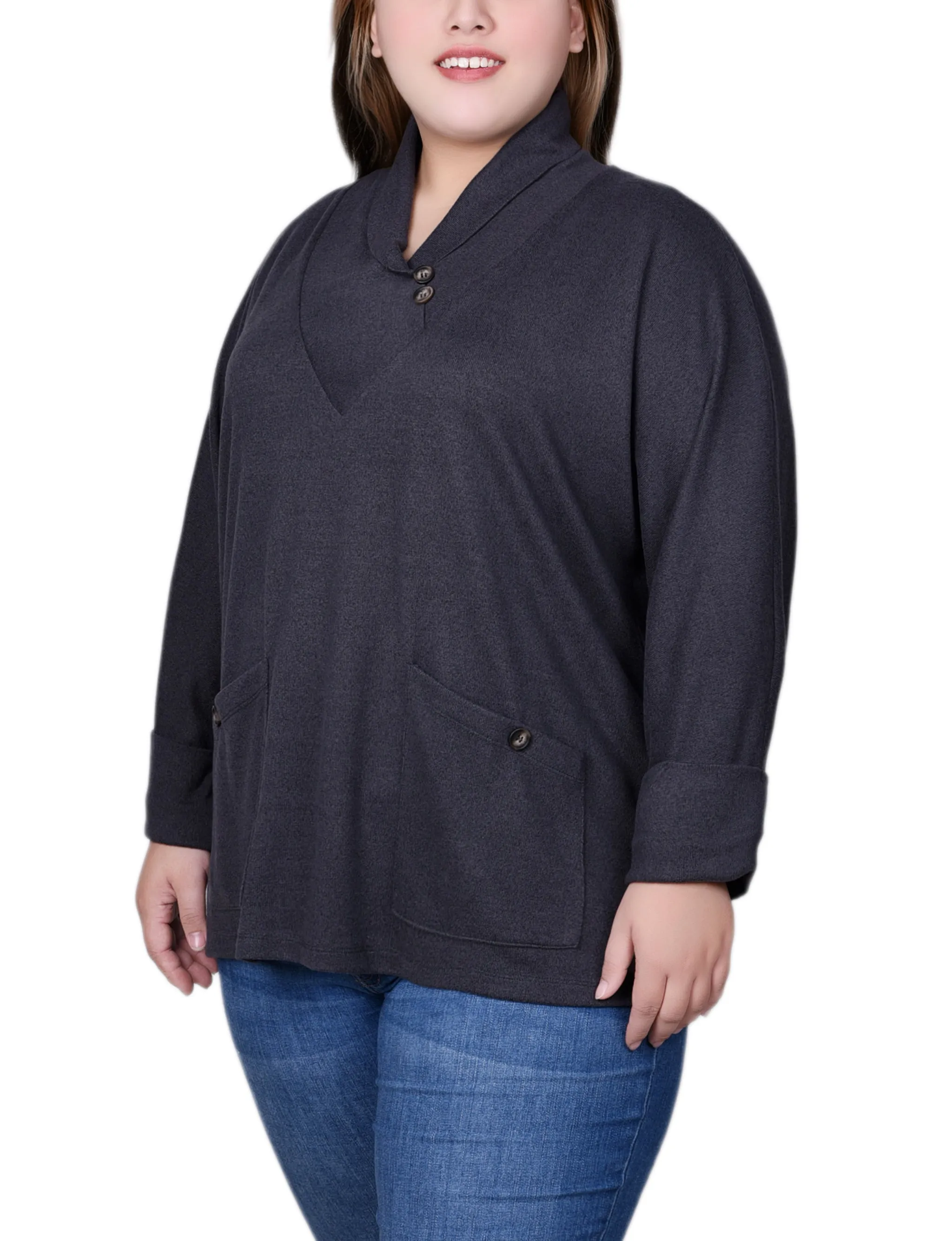 Plus Size Long Sleeve Shawl Collar Top With Pockets