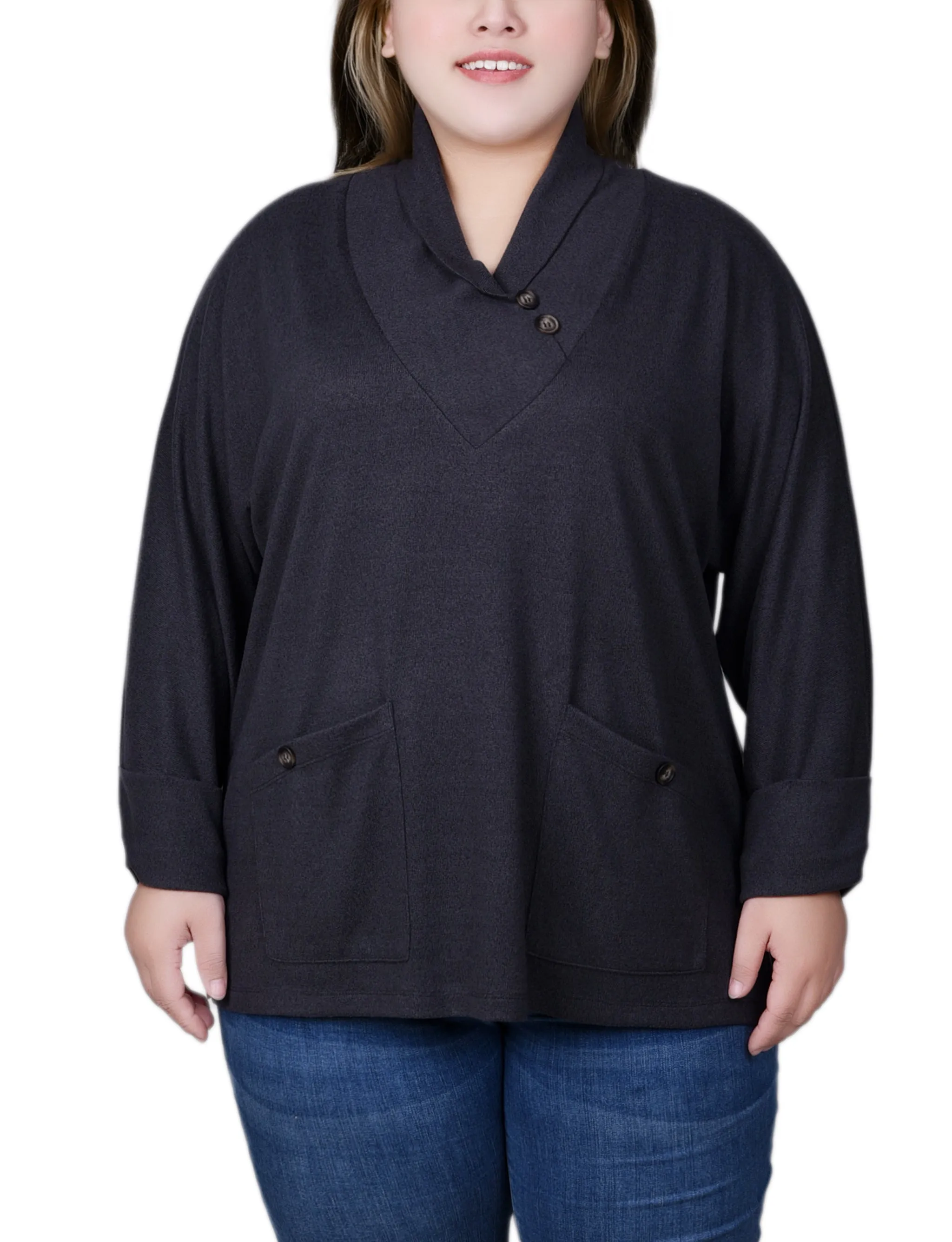 Plus Size Long Sleeve Shawl Collar Top With Pockets