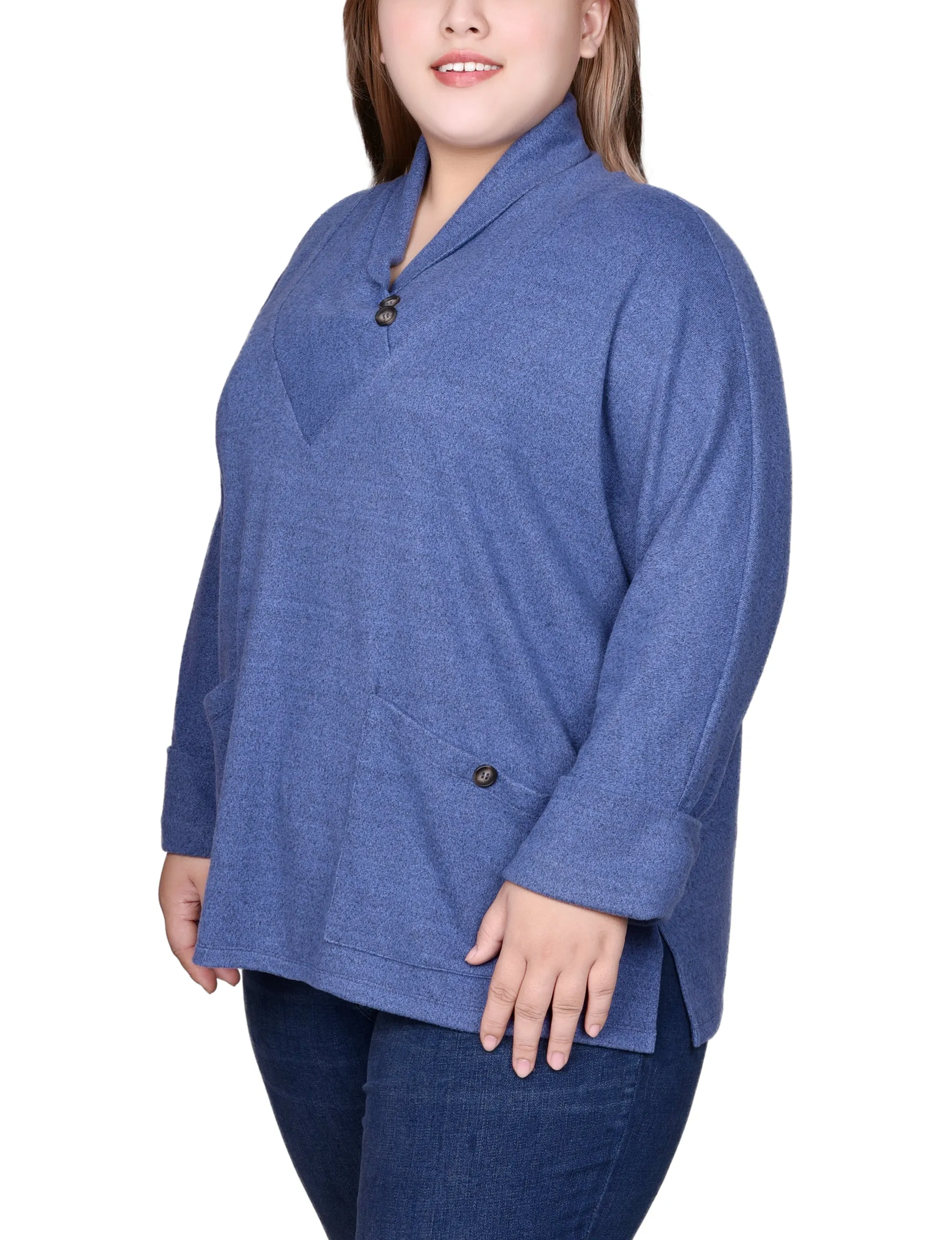 Plus Size Long Sleeve Shawl Collar Top With Pockets