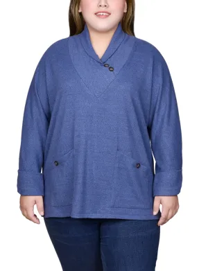 Plus Size Long Sleeve Shawl Collar Top With Pockets