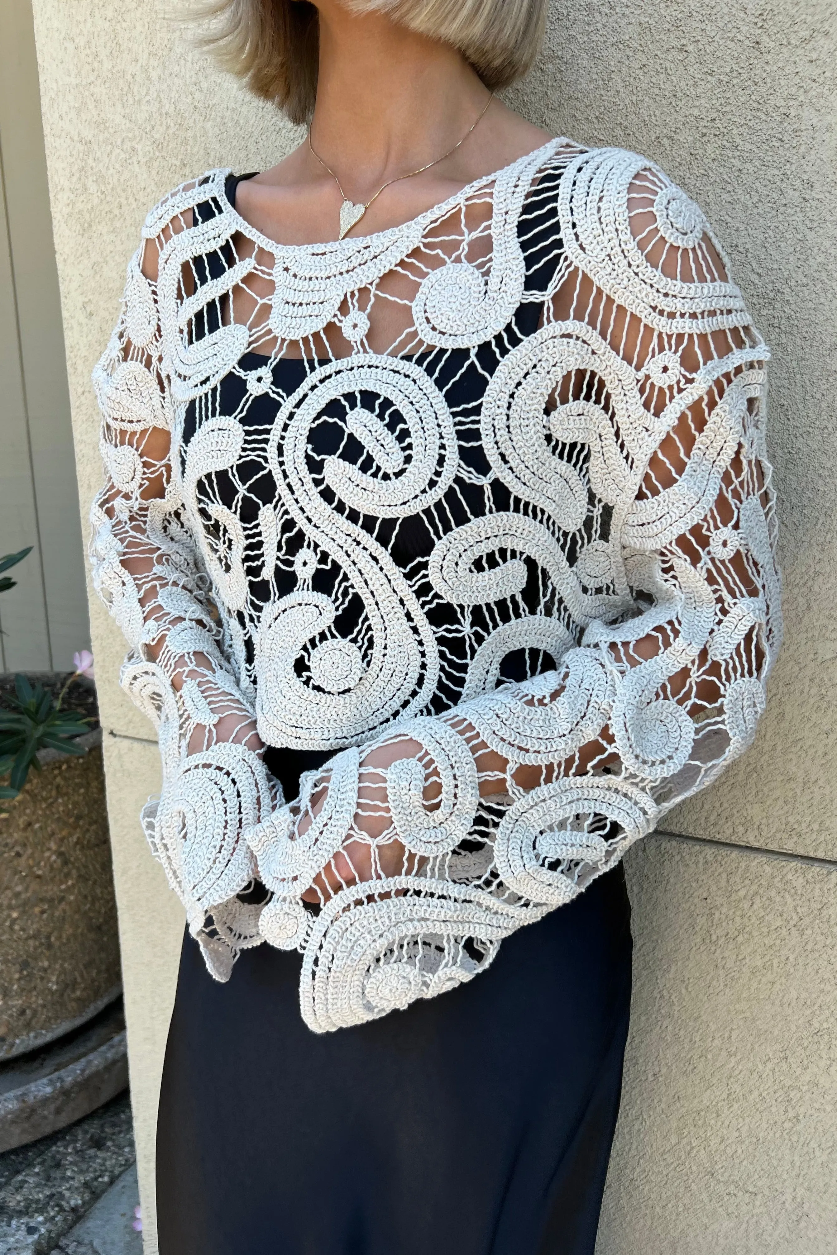 PRIYA NUDE CROCHET LACE SWEATER