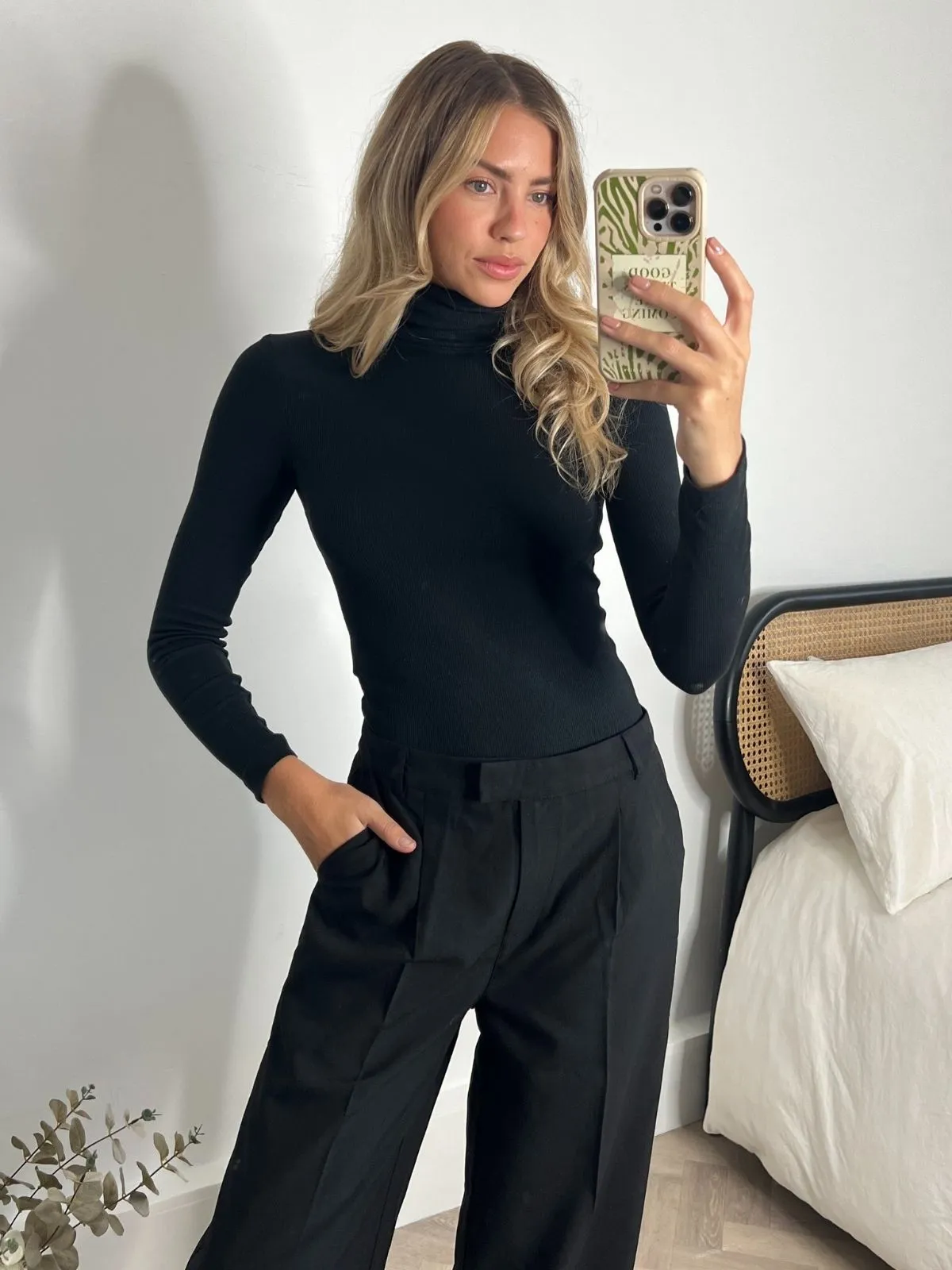 Roll Neck Rib Bodysuit / Black