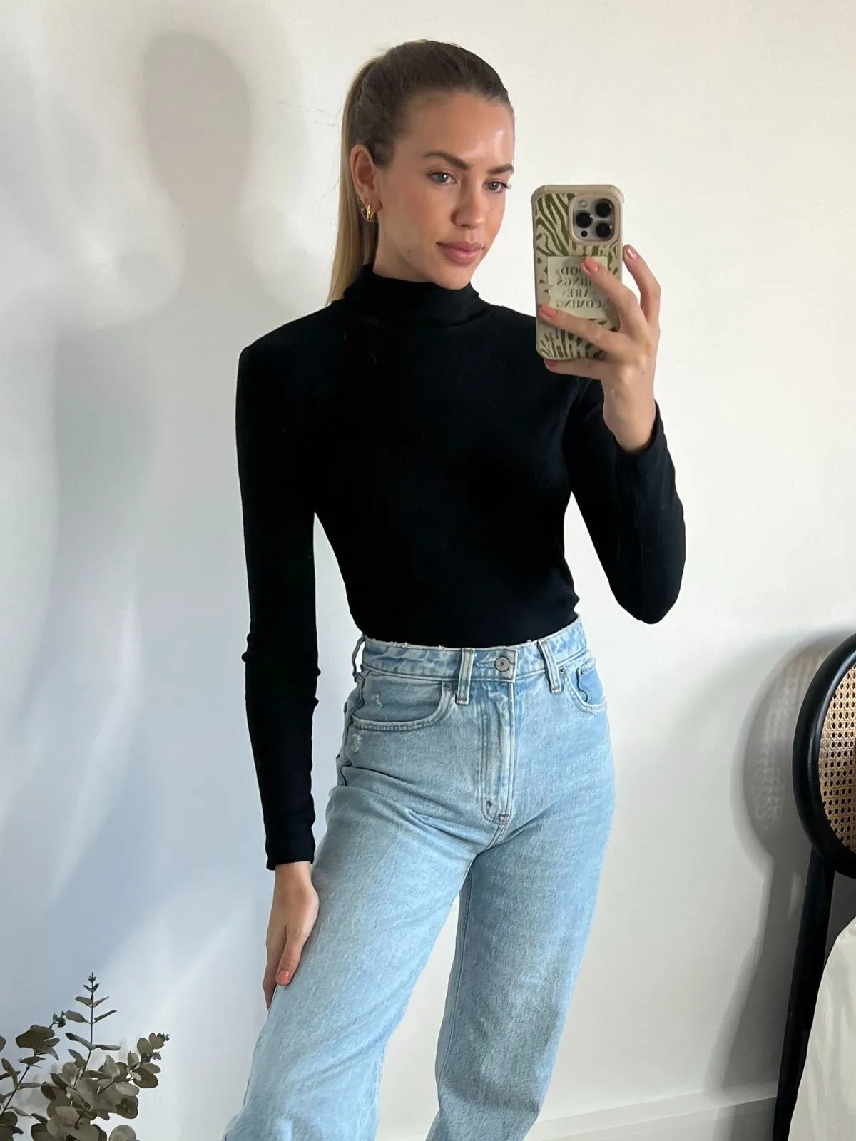 Roll Neck Rib Bodysuit / Black