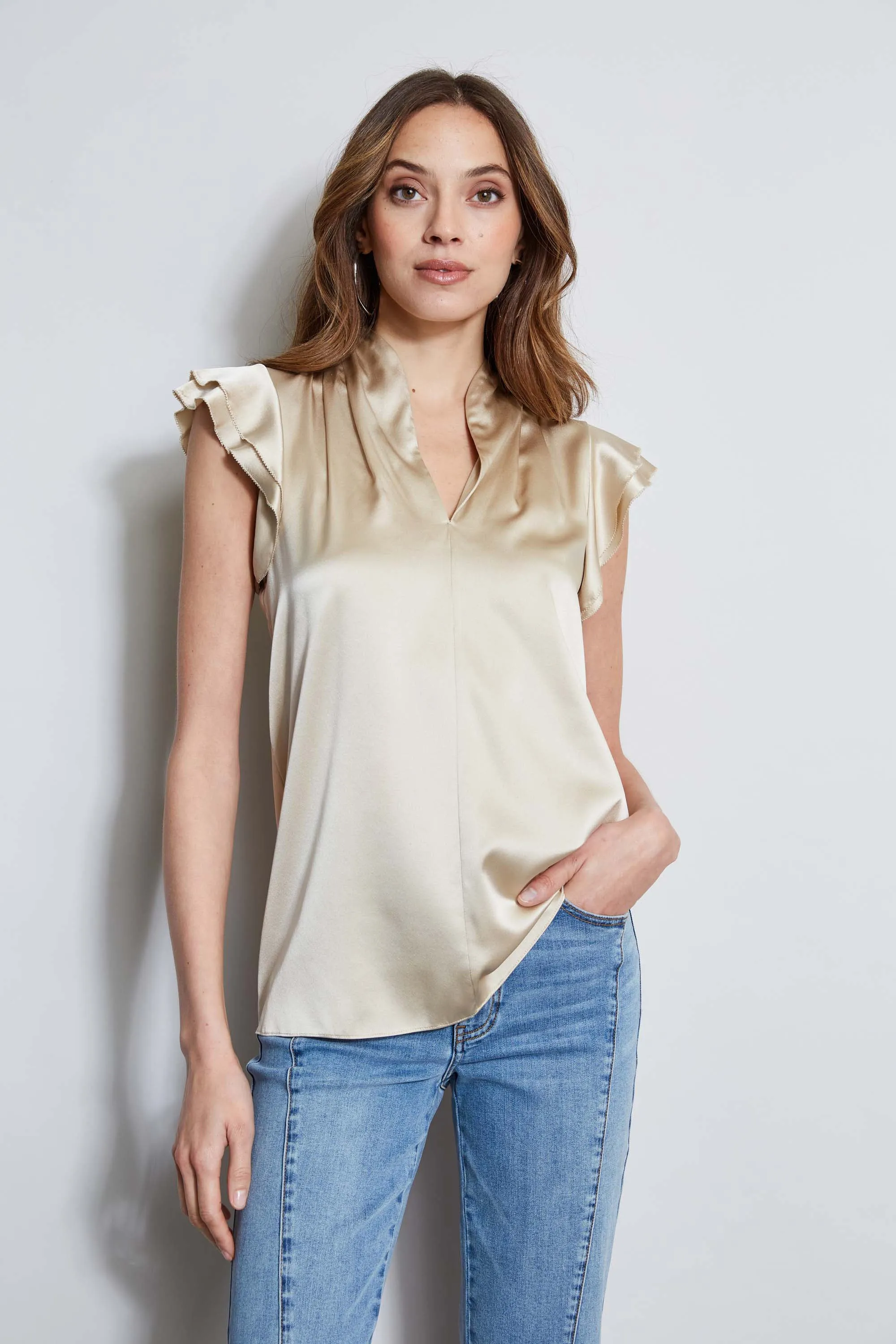 Silk Satin Flutter Sleeve Shirt