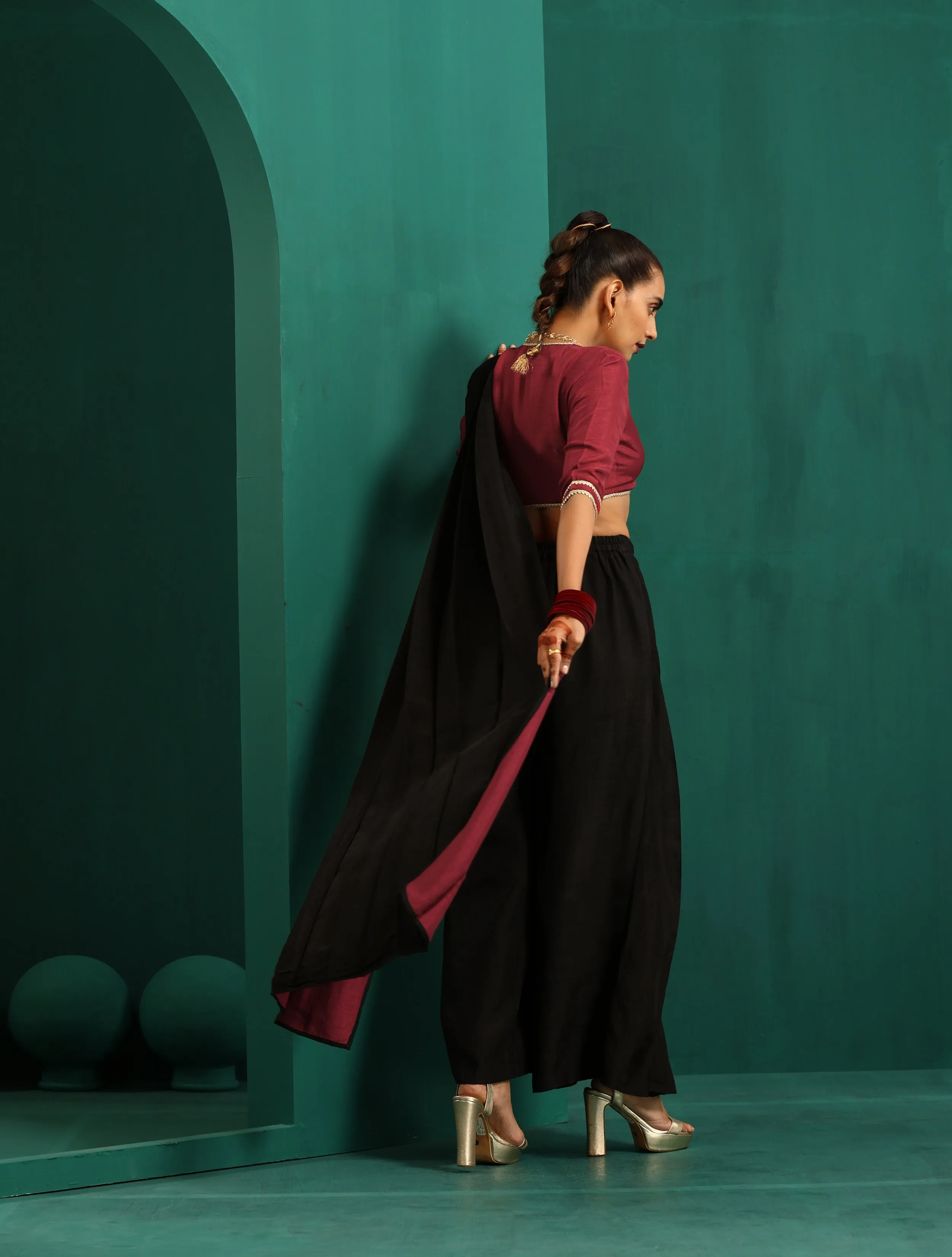 trueBrowns Black Silk Ready To Wear Palazzo Saree