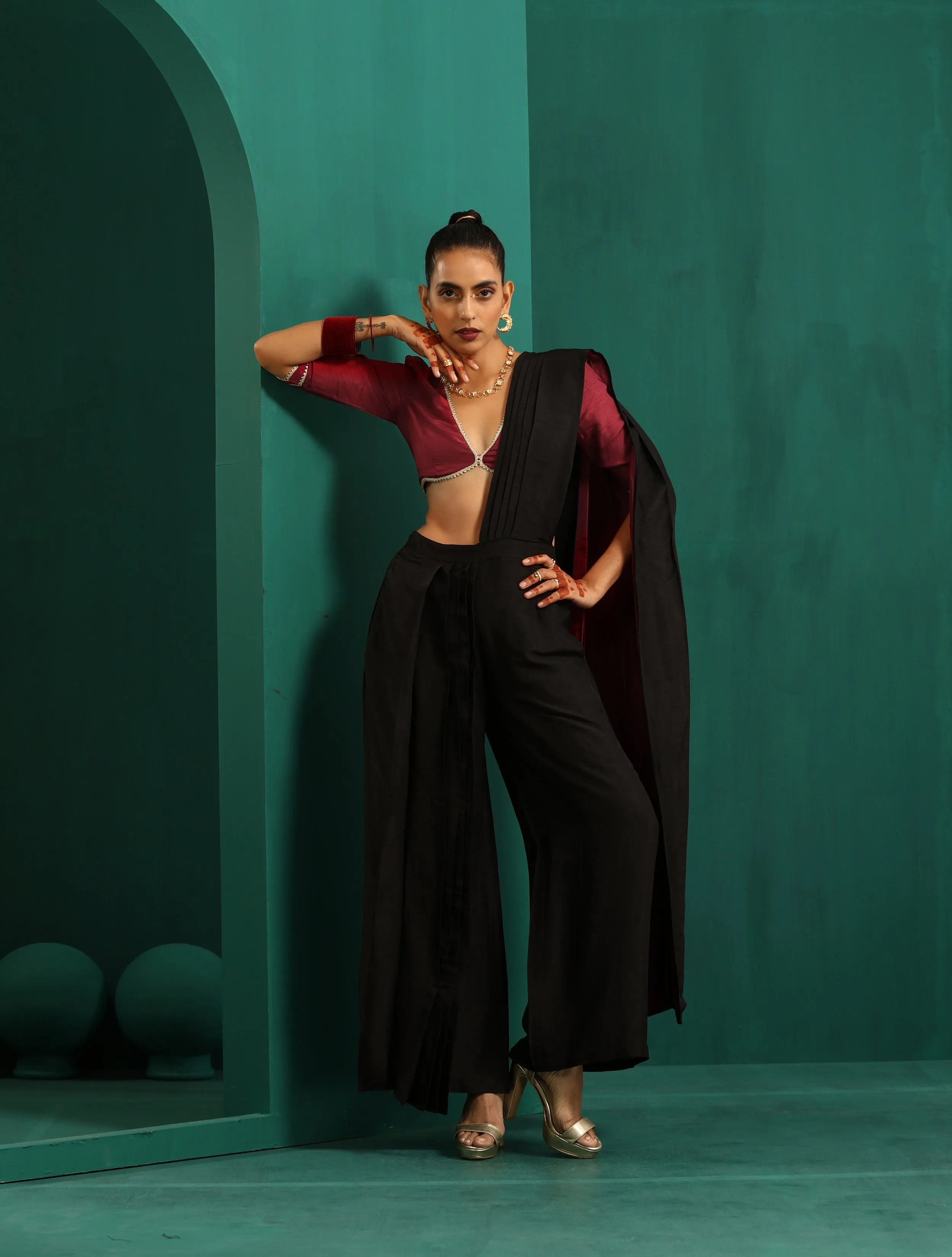 trueBrowns Black Silk Ready To Wear Palazzo Saree