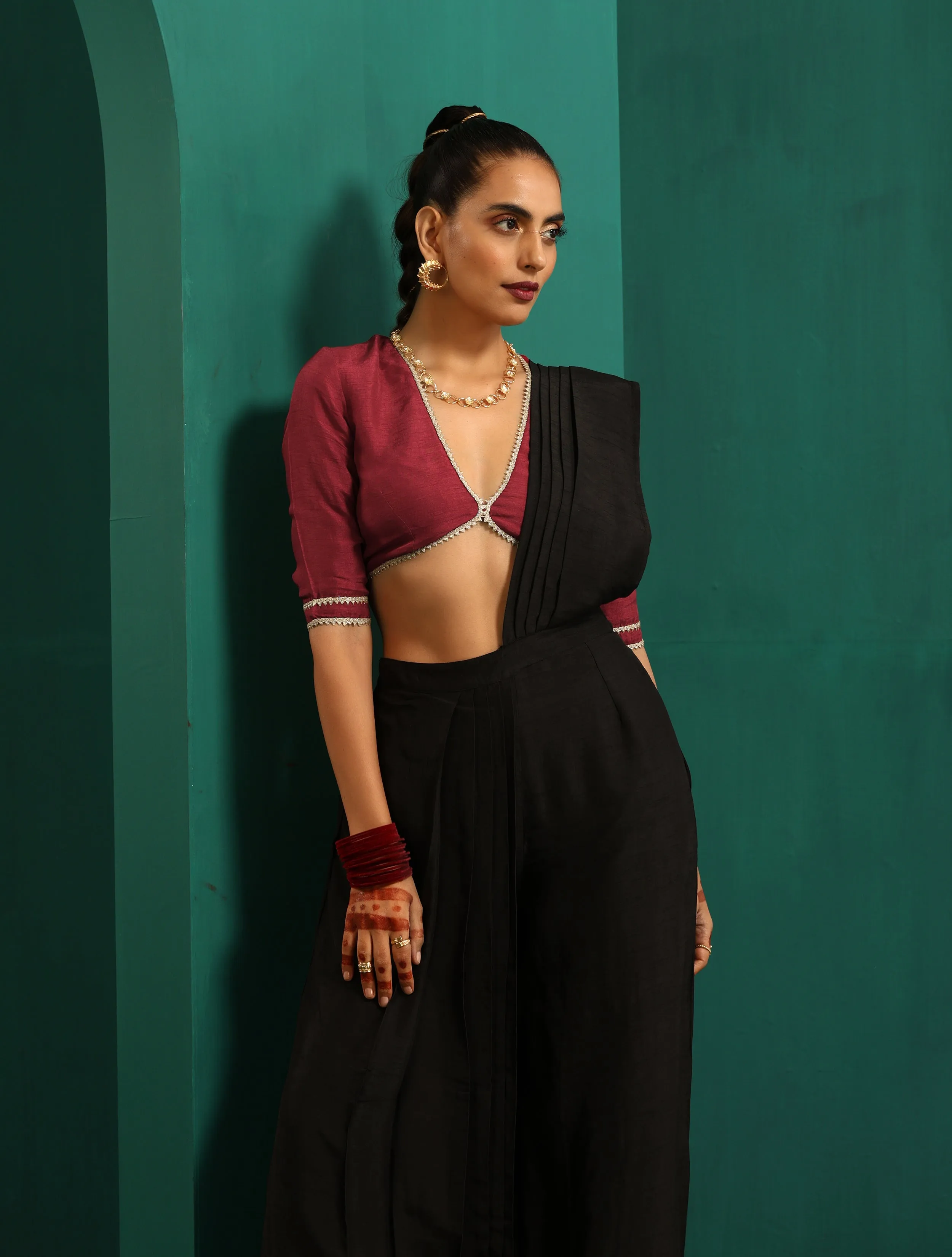 trueBrowns Black Silk Ready To Wear Palazzo Saree