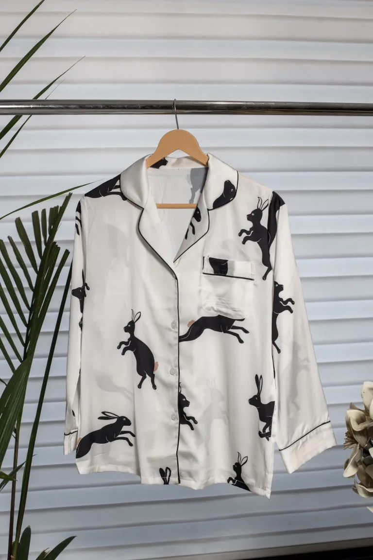 Whimsical Comfort White Lounge Wear with Playful Black Rabbit Design