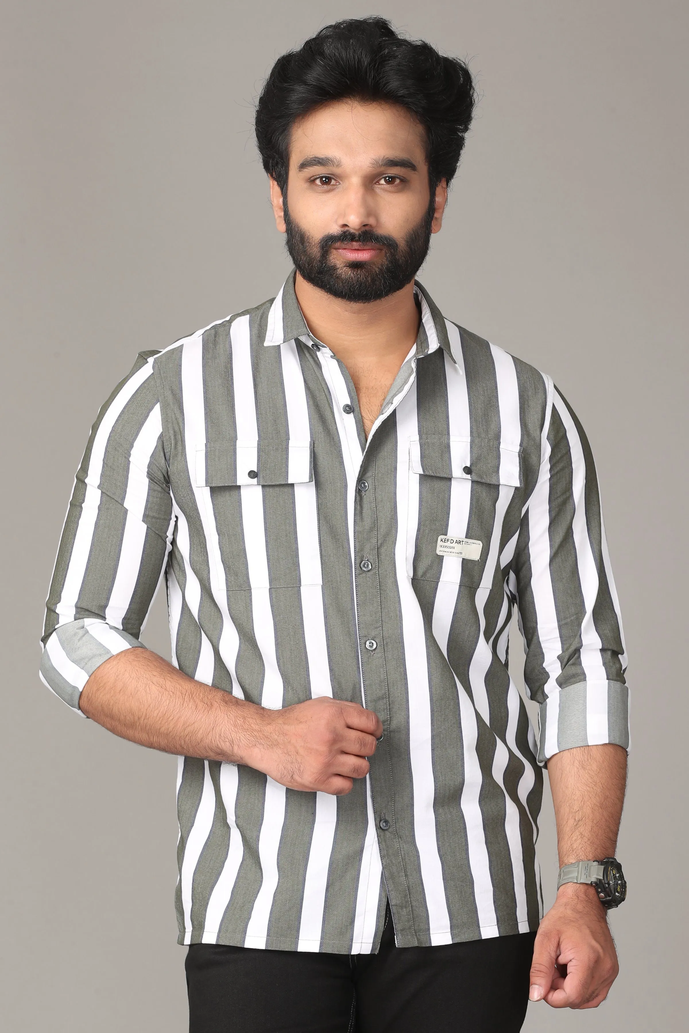 White and Grey Stripe Full Sleeve Shirt