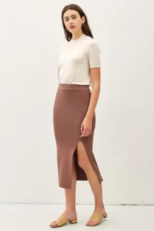 Willow High Waist Rib Knit Midi Skirt Brown