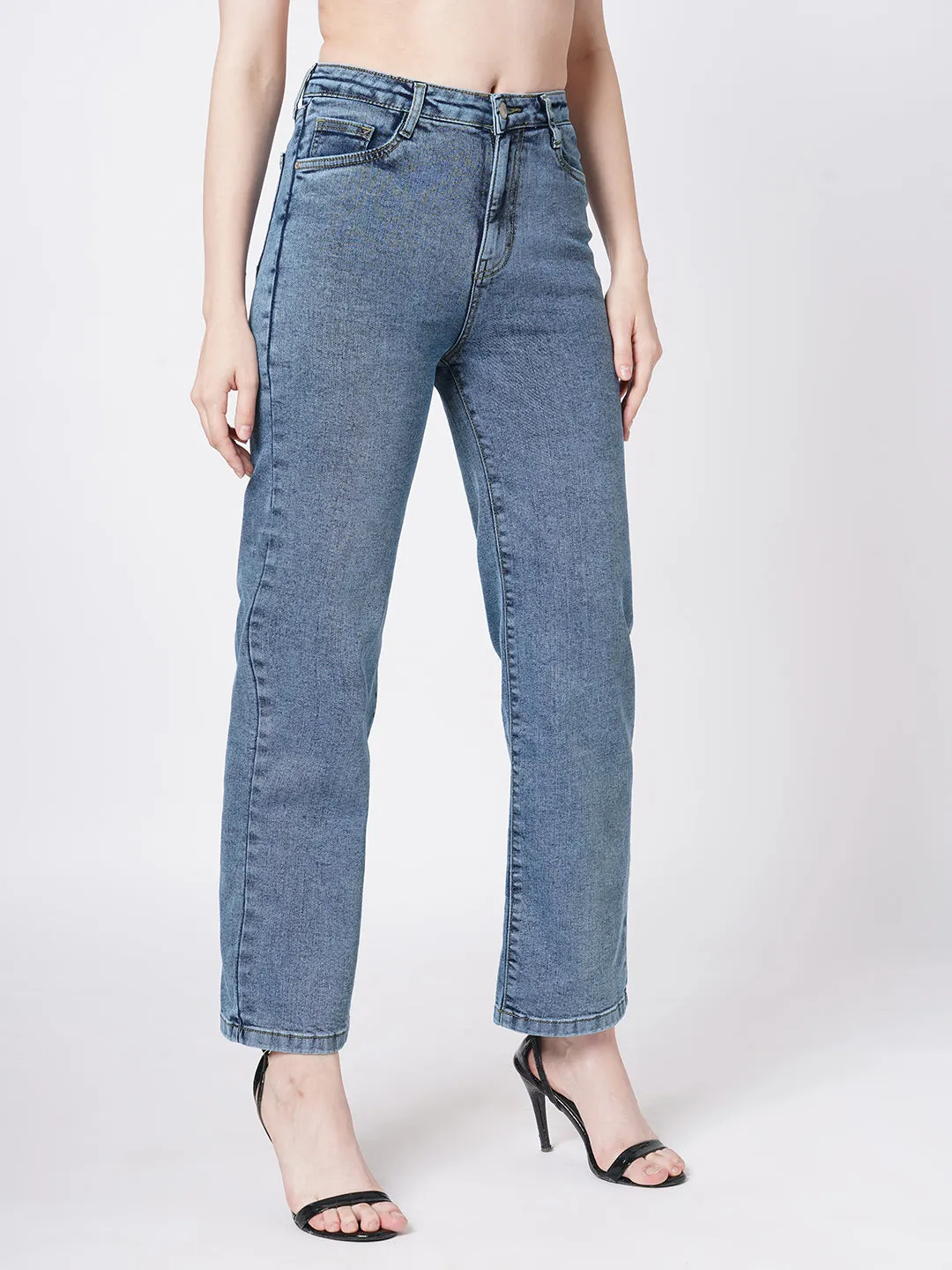 Women Blue High-Rise Loose Straight Jeans