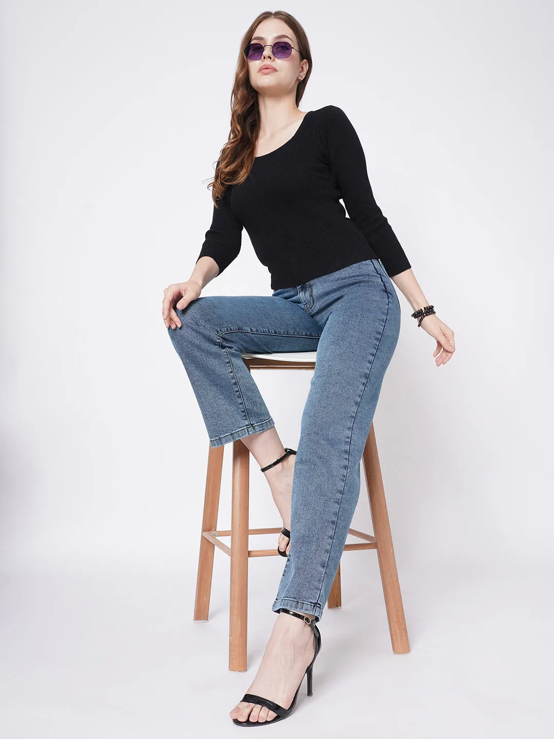 Women Blue High-Rise Loose Straight Jeans