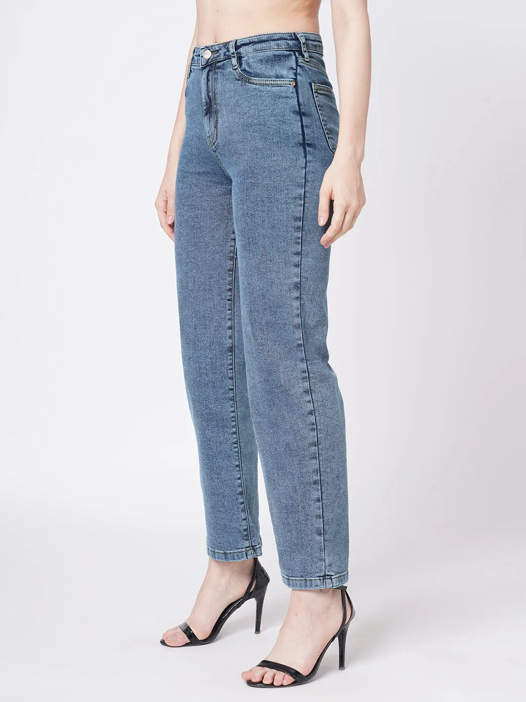 Women Blue High-Rise Loose Straight Jeans