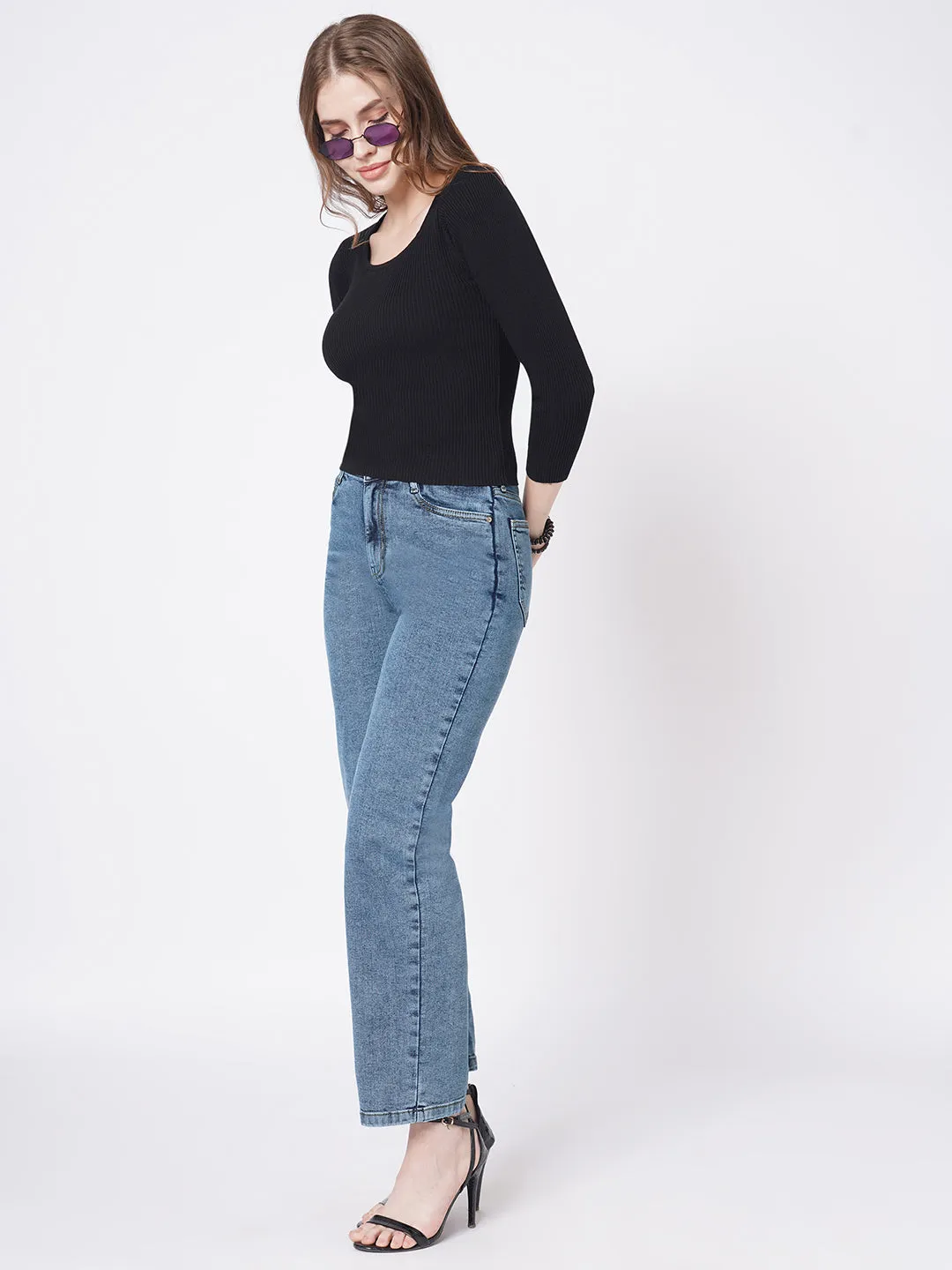 Women Blue High-Rise Loose Straight Jeans