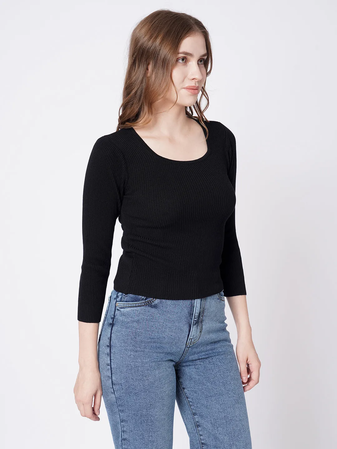 Women Slim Fit Black Crop T-Shirt