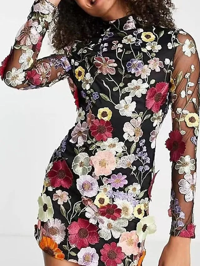 Women's Wedding Guest Dress Party Dress Bodycon Mini Dress Black Pink Long Sleeve Floral Embroidered Summer Spring Fall High Neck Fashion Wedding Guest Vacation Fall Dress 2023 S M L XL