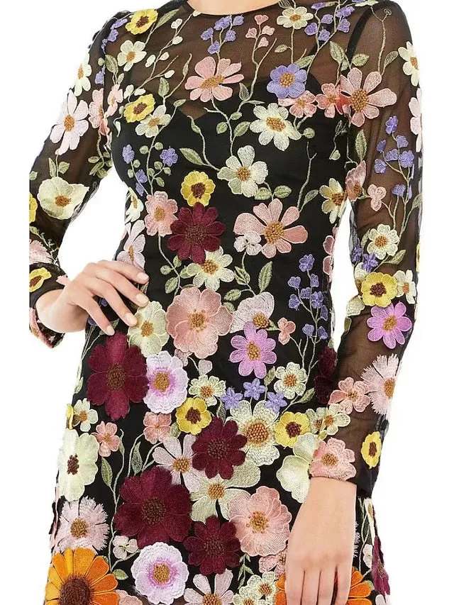 Women's Wedding Guest Dress Party Dress Bodycon Mini Dress Black Pink Long Sleeve Floral Embroidered Summer Spring Fall High Neck Fashion Wedding Guest Vacation Fall Dress 2023 S M L XL